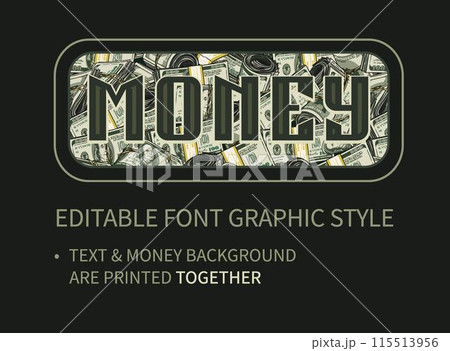 Editable text effect with dollar background. Letters on money seamless pattern. Letter and backdrop are printed together. Retro typography graphic style 115513956