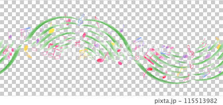 Undulating levitation multicolored music notes. Notes flying through the waves of music. Seamless banner of note symbols. Watercolor illustration in classic style. Ornate for textile, package Undulating levitation multicolored music notes. Notes flying through the waves of music. Seamless banner of note symbols. Watercolor illustration in classic style. Ornate for textile, package 115513982