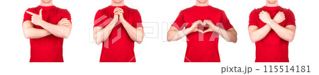 Man in red t-shirt showing or holding something in his arm on white background Man in red t-shirt showing or holding something in his arm on white background 115514181