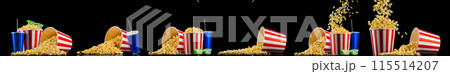 Paper striped bucket with popcorn, cup of drink and glasses isolated on black 115514207
