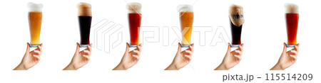 Woman hand holding mug of beer with foam on white background 115514209