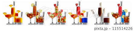 Set of cocktails with decoration from fruits isolated on white background Set of cocktails with decoration from fruits isolated on white background 115514226