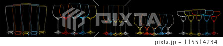 Silhouette of multicolor neon different glasses on black background 115514234