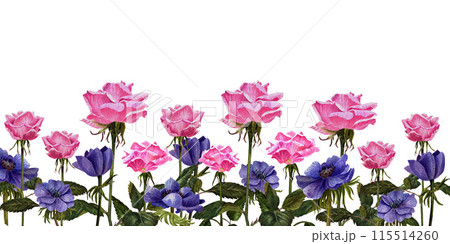 Beautiful banner of pink roses end anemones flowers and leaves 115514260