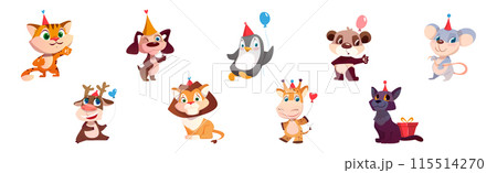 Cute Animals Greeting with Birthday in Cone Hat Vector Set Cute Animals Greeting with Birthday in Cone Hat Vector Set 115514270