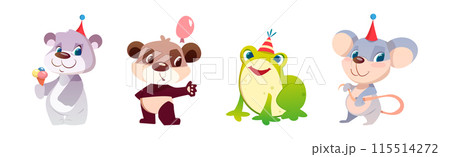 Cute Animals Greeting with Birthday in Cone Hat Vector Set 115514272