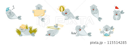 Cute Baby Seal Character with Flipper Vector Set Cute Baby Seal Character with Flipper Vector Set 115514285