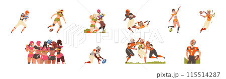 Man and Woman Rugby Player Playing American Football Game Running with Oval Ball Vector Set Man and Woman Rugby Player Playing American Football Game Running with Oval Ball Vector Set 115514287
