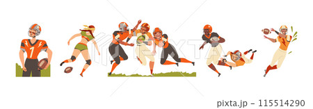 Man and Woman Rugby Player Playing American Football Game Running with Oval Ball Vector Set 115514290