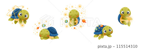 Funny Turtle Character Explore Outer Space Vector Set 115514310