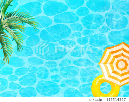 上から見た美しい海に浮かぶ黄色い浮き輪とヤシの葉の浮かぶ夏のおしゃれフレーム背景素材 115514327