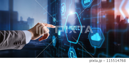 Businessman clicks V-Model, VEE. Information systems development model 115514768