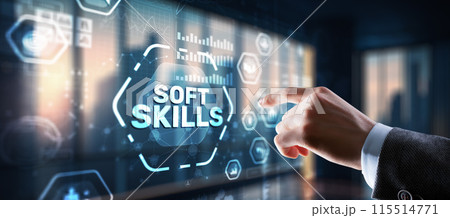 Businessman presses a button Soft Skill Business Development concept 115514771