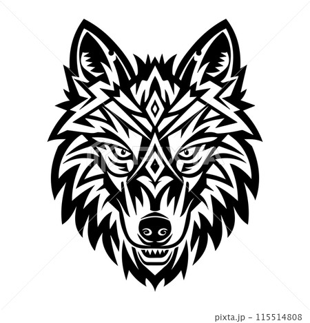 Wolf Tribal Ornament logo or modern line icon. Vector line art and icon design with bold outline. Black and white Pixel Perfect minimalistic symbol isolate white background. Creative logotype 115514808