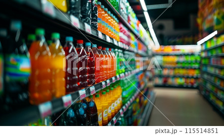 Colorful Shelves in a Supermarket 115514851