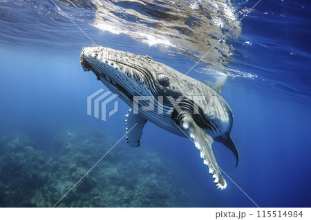 Whale. Whale under the water of the sea and the ocean. World whale day. 23 July. A Baby Humpback Whale Plays Near the Surface in Blue Water. Humpback Whale 115514984
