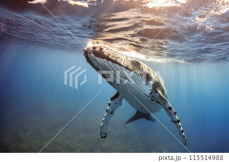 Whale. Whale under the water of the sea and the ocean. World whale day. 23 July. A Baby Humpback Whale Plays Near the Surface in Blue Water. Humpback Whale 115514988