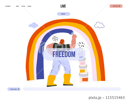 Life Unframed: Rainbow artist -modern flat vector concept illustration of a man drawing a rainbow. Metaphor of unpredictability, imagination, whimsy, cycle of existence, play, growth and discovery 115515463