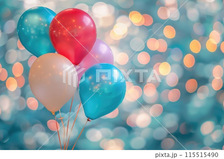 Festive Celebratory Birthday Balloons Against a Sparkling Bokeh Background. High quality photo Festive Celebratory Birthday Balloons Against a Sparkling Bokeh Background. High quality photo 115515490