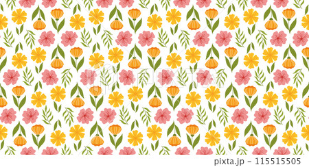 Repeated pattern highlighting floral elements. Botanical-inspired recurring fabric or wallpaper design with orange flower on stem with leaf, yellow flower, cherry blossom, and leaves. Repeated pattern highlighting floral elements. Botanical-inspired recurring fabric or wallpaper design with orange flower on stem with leaf, yellow flower, cherry blossom, and leaves. 115515505