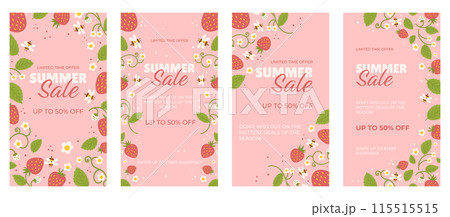 Set of vibrant summer sale banners, social media story, pink background with strawberries, white flowers, green leaves, and bees. Banner promotes limited time offer, highlighting seasonal deals. Set of vibrant summer sale banners, social media story, pink background with strawberries, white flowers, green leaves, and bees. Banner promotes limited time offer, highlighting seasonal deals. 115515515