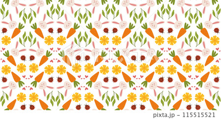 Spring pattern with flowers, ladybug, and bunnies in a cute, hand drawn vector style. Perfect for children items, textiles, and gift wrapping. 115515521