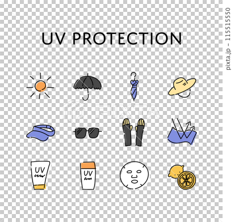 A loose, hand-drawn illustration set of UV protection items 115515550