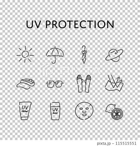 A loose, hand-drawn illustration set of UV protection items A loose, hand-drawn illustration set of UV protection items 115515551