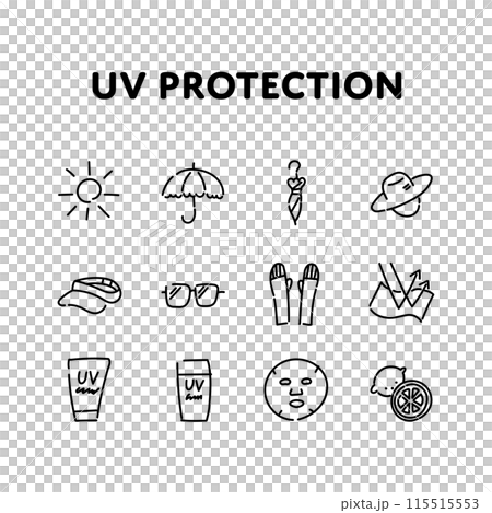 A loose, hand-drawn illustration set of UV protection items 115515553