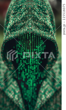 Mysterious Person in Green Hoodie With Digital Face Mask 115516075