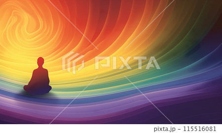 Meditative Silhouette Against Rainbow Swirl Background Meditative Silhouette Against Rainbow Swirl Background 115516081