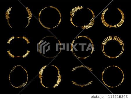 A retro Japanese style circular frame set with a rice, wheat and rice plant motif. A luxurious gold design. 115516848