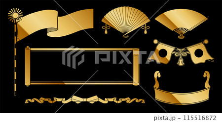 A set of retro design labels and accessories such as flags, fans, ribbons, etc. Gold. 115516872