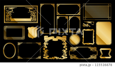 A set of Japanese retro design frames in various shapes. Gold color. 115516878