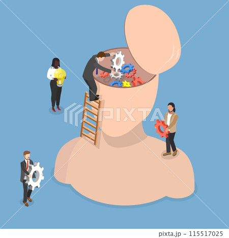 3D Isometric Flat Vector Illustration of Knowledge Development, Gears and Technical Wheels as Thoughts 115517025