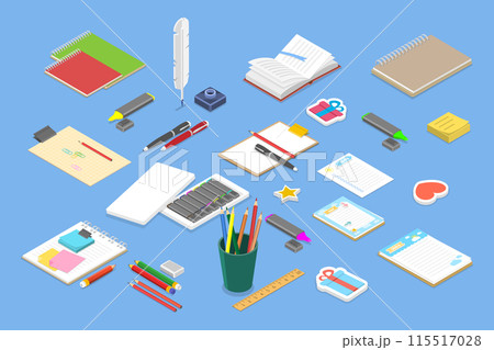 3D Isometric Flat Vector Set of Sketching, Various Tools for Hand Drawing 3D Isometric Flat Vector Set of Sketching, Various Tools for Hand Drawing 115517028