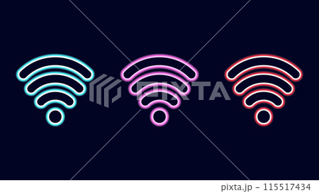 WiFi symbols neon effect dark background. Waves Wi Fi signal icon. Internet connection modern technology. Pink blue and red. Design web page billboard banner. Vector illustration. WiFi symbols neon effect dark background. Waves Wi Fi signal icon. Internet connection modern technology. Pink blue and red. Design web page billboard banner. Vector illustration. 115517434