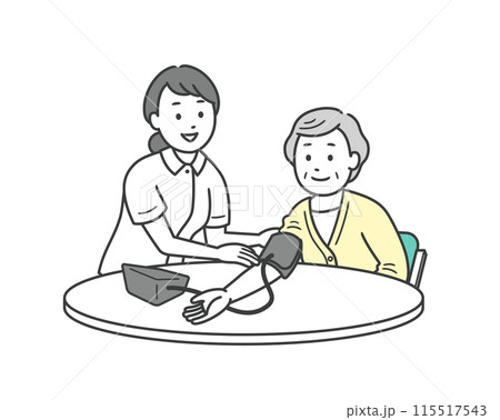 血圧計で血圧を測る手助けをする看護師と高齢女性と上半身イラスト 血圧計で血圧を測る手助けをする看護師と高齢女性と上半身イラスト 115517543