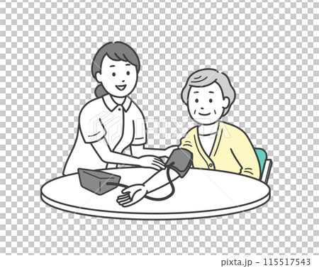血圧計で血圧を測る手助けをする看護師と高齢女性と上半身イラスト 血圧計で血圧を測る手助けをする看護師と高齢女性と上半身イラスト 115517543