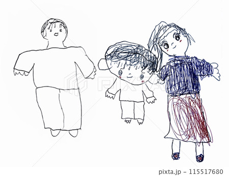 子供の描いた家族のイラスト。お母さんは優しく微笑んでお父さんは力強く。家族で楽しそうに散歩する 子供の描いた家族のイラスト。お母さんは優しく微笑んでお父さんは力強く。家族で楽しそうに散歩する 115517680