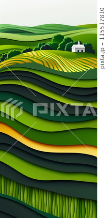 papercut illustration depicting a serene rural scene with rolling hills, a white house, and fields of lush green grass. 115517810
