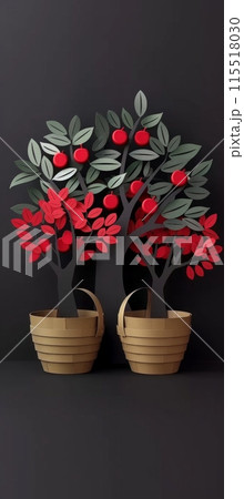 Two papercraft apple trees stand in baskets against a dark background. The trees are made of green and red paper, and the baskets are made of brown paper. 115518030