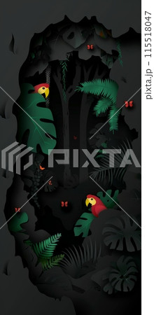 black paper background with a 3D paper cutout of a tropical jungle scene. Two red and yellow parrots are hidden amongst the green leaves and branches. 115518047