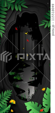 papercut design depicting a view into a dark and mysterious forest, featuring delicate foliage and birds in flight. papercut design depicting a view into a dark and mysterious forest, featuring delicate foliage and birds in flight. 115518049
