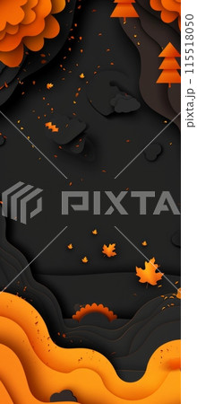 digital illustration featuring an orange and black paper cut design with a black background. It depicts an autumnal forest scene with falling leaves, trees, and a landscape of rolling hills. 115518050