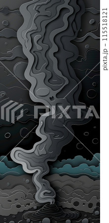 dark, abstract paper art piece depicting a volcanic eruption with black smoke rising from a mountain. 115518121