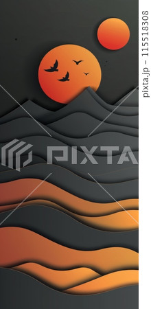 papercraft design featuring a sunset with birds flying over wavy hills. 115518308