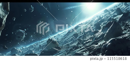 Epic space scene featuring a planetary surface with asteroids and dramatic lighting, perfect for sci-fi concepts and digital art backgrounds. 115518618