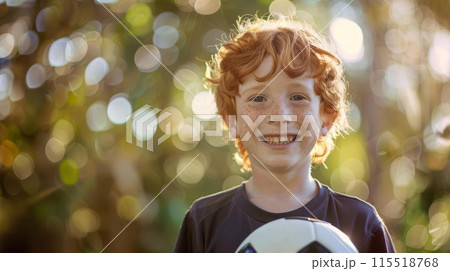 Smiling red-haired boy holding soccer ball outdoors in sunlight, enjoying a happy moment in nature with bokeh background. 115518768