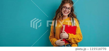 Smiling student with long hair and glasses, holding red book, wearing yellow sweater, standing against blue background. 115518770